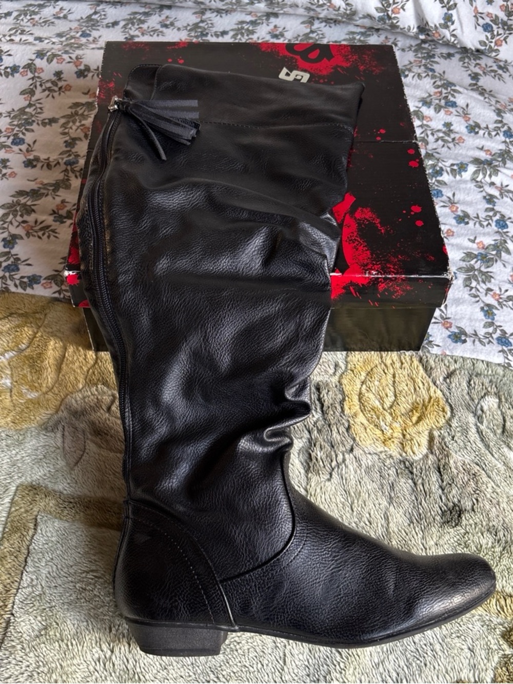 Fergalicious Black Over-the-Knee Flat Boots with Tassel Zip